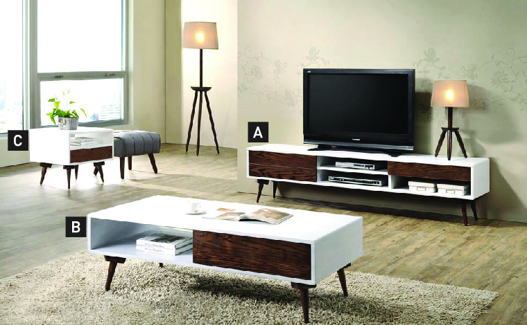 A. IVO1840 - TV stand, B. IVO1266 coffee table, C. IVO1233 side table-01